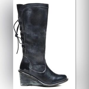 Bedstu Empress Tall Wedge Heel Boot Lace Back Leather Bench Made Gray Size 6.5